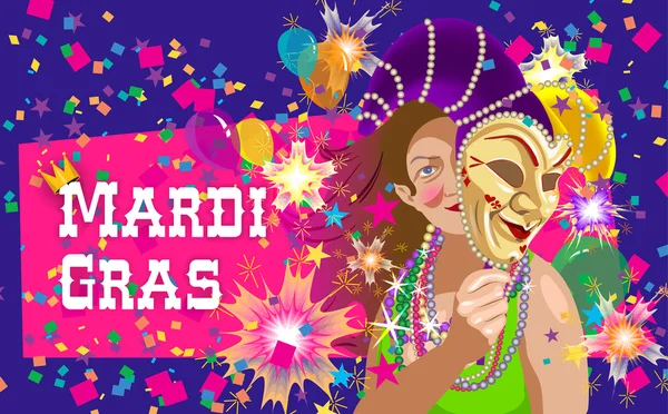 Poster al festival mardi gras con divertente ragazza tiene maschera nella sua — Vettoriale Stock