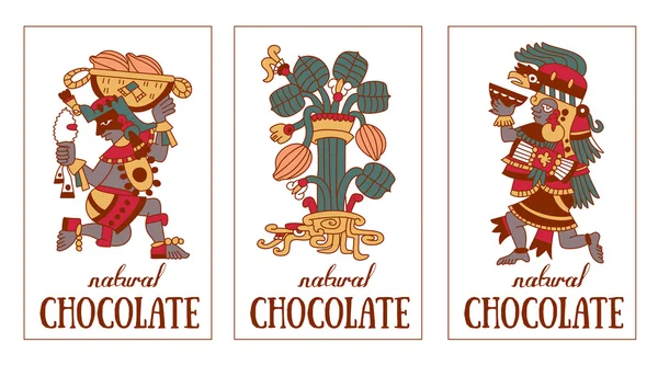 Kontur wzór Majów, Azteków i kakaowa stalówki, logo czekolada etykieta — Wektor stockowy