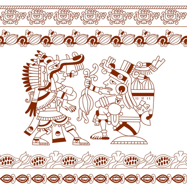 Çizim çizim aztek kakao fasulyesi, yaprakları, uçları, kahverengi desen — Stok Vektör