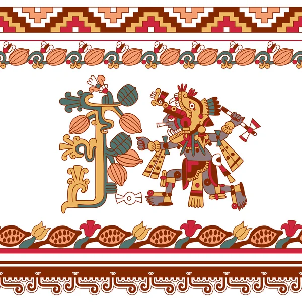 Modèle aztèque cacao, mayas, fèves de cacao et bo décoratif — Image vectorielle