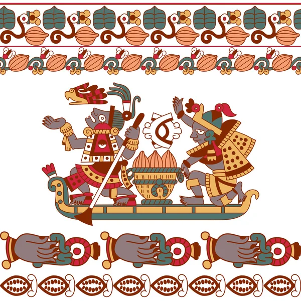 カカオ木のアズテック パターン、マヤ、カカオ豆、装飾的な bo — ストックベクタ