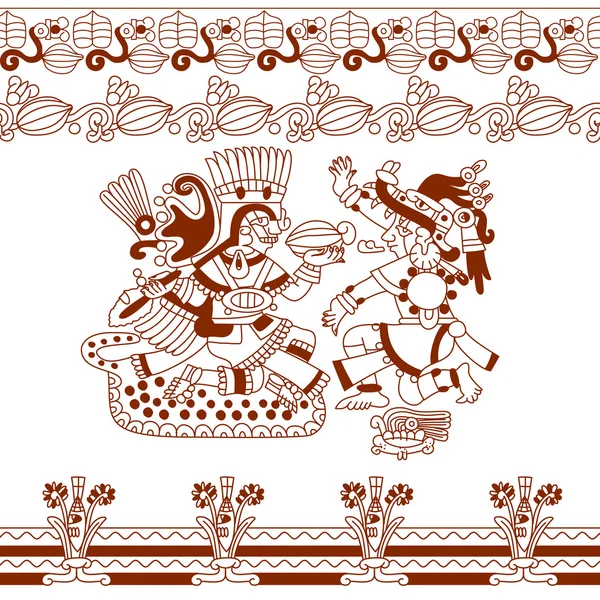 Esboço desenho azteca cacau feijão, folhas, morcegos, padrão com maya —  Vetores de Stock
