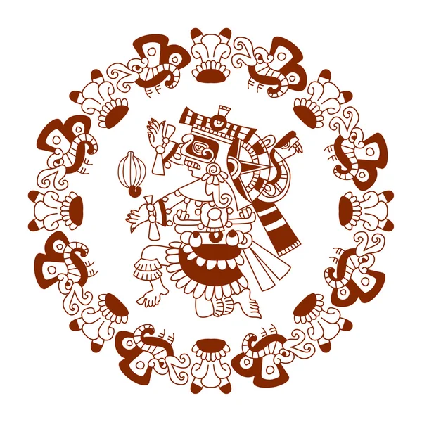 Skizze Zeichnung Azteken-Kakaobohne, Blätter, Federn, Muster — Stockvektor