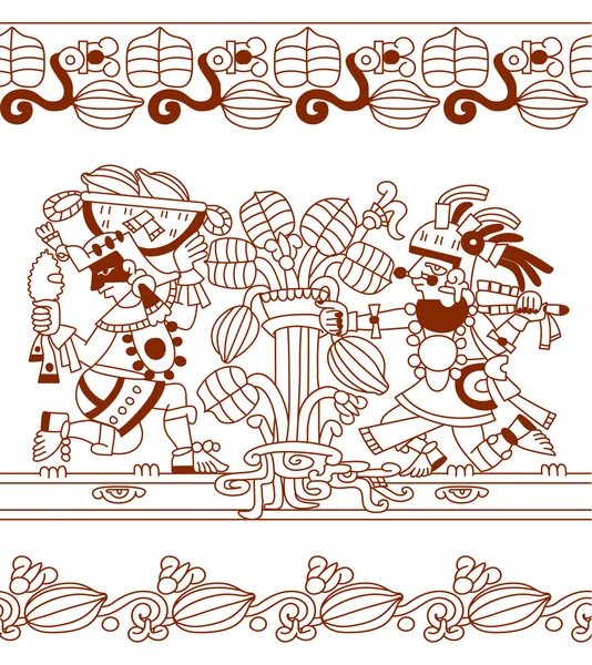 Croquis dessin aztec fève de cacao, feuilles, pointes, motif — Image vectorielle