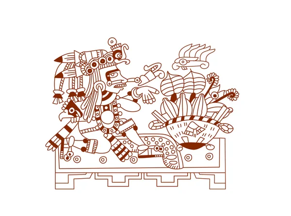 Desenho do esboço feijão de cacau azteca, folhas, mamilos, padrão —  Vetores de Stock