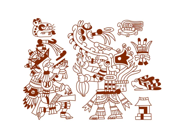 Boceto dibujo azteca grano de cacao, hojas, plumas, patrón — Vector de stock