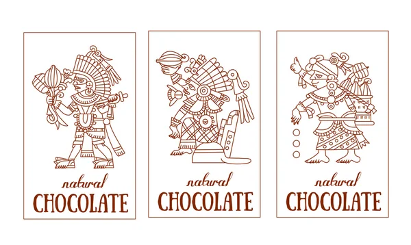 轮廓模式玛雅、 阿兹台克人和可可笔尖、 巧克力标签标志 — 图库矢量图片