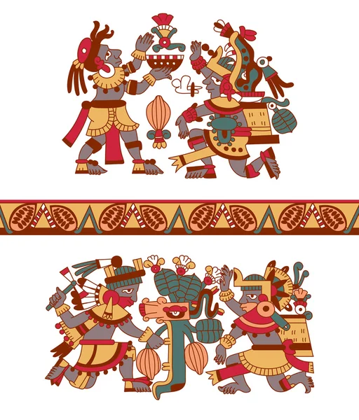 Azteekse patroon cacaoboom, Maya's, cacao bonen en decoratieve bo — Stockvector