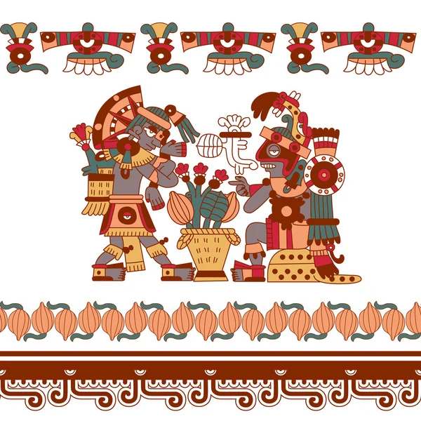 Aztec pattern cacao tree, mayans, cacao beans and decorative bo — Stock Vector