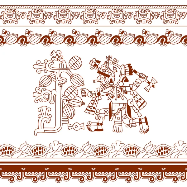 Boceto dibujo azteca grano de cacao, hojas, plumas, patrón en marrón — Archivo Imágenes Vectoriales