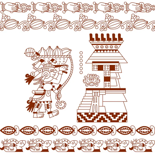 素描绘画阿兹台克人的可可豆、 叶子、 笔尖、 模式 — 图库矢量图片