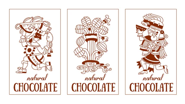轮廓模式玛雅、 阿兹台克人和可可笔尖、 巧克力标签标志 — 图库矢量图片