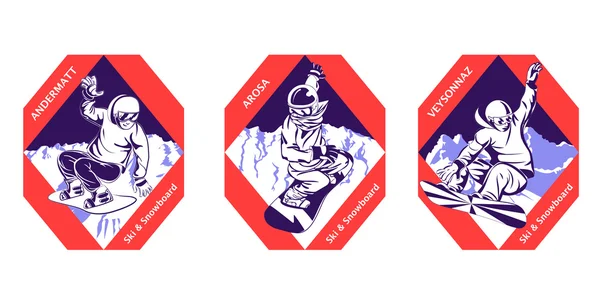 Set of labels with a man on a snowboard going down a hill, moun — Διανυσματικό Αρχείο