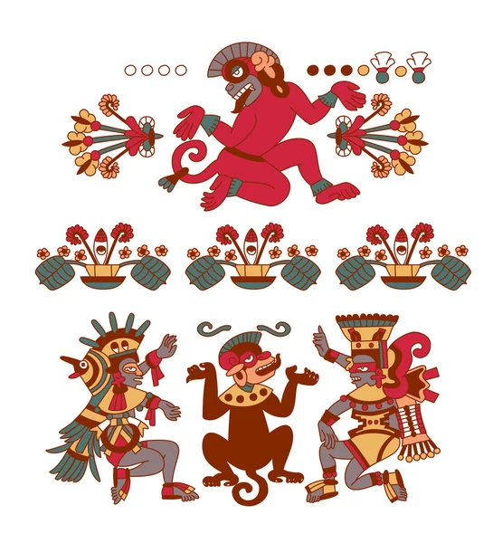 Aztec cacao bean, leaves, nibs, pattern with monkey, maya on grey — стоковый вектор