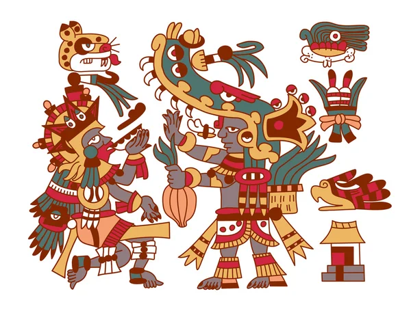 Croquis dessin aztec fève de cacao, feuilles, pointes, motif — Image vectorielle