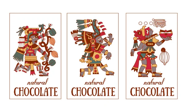 Patrón de contorno maya, plumas de azteca y cacao, logotipo de la etiqueta de chocolate — Archivo Imágenes Vectoriales