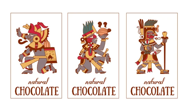 윤곽 패턴 마 야, 아즈텍 인 그리고 카 카오 열매 빻, 초콜릿 레이블 로고 — 스톡 벡터