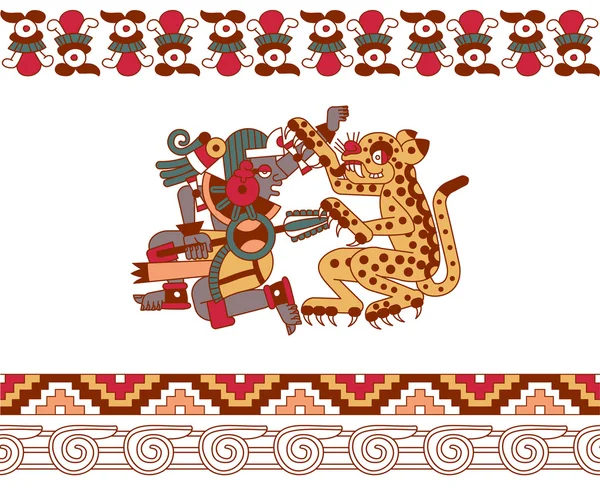 Sketch drawing aztec pattern with aztec warrior and the jaguar a — Stock Vector