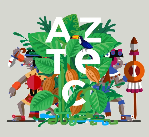 Flaches Poster mit aztekischen Kriegern, Kakaobäumen und weißem Tex — Stockvektor