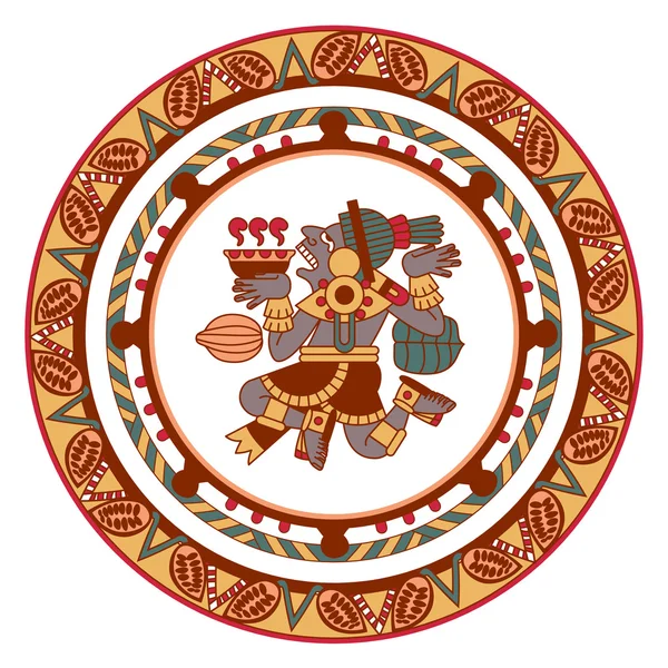 Árbol de cacao patrón de círculo azteca, mayas, granos de cacao y decora — Vector de stock