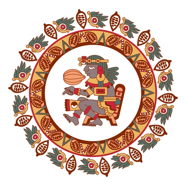 Árbol de cacao patrón de círculo azteca, mayas, granos de cacao y decora — Vector de stock