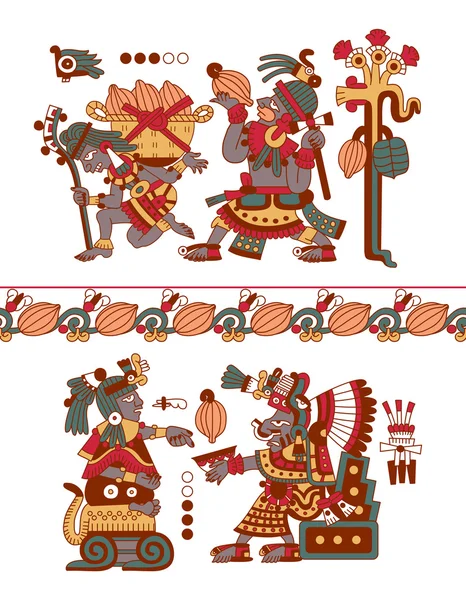 Aztec árvore padrão cacau, mayans, feijão cacau e bo decorativo —  Vetores de Stock