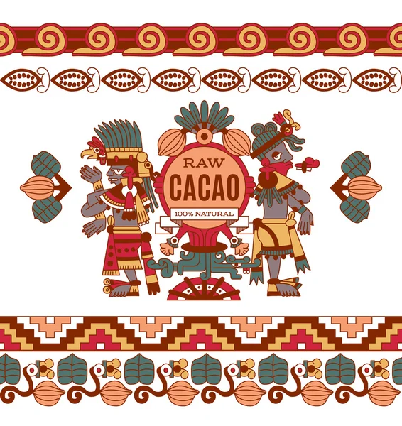 Kontury vzoru Mayo, aztécké a kakaové boby, čokoládové label logo — Stockový vektor