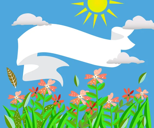 Pancarta con cinta blanca, nubes, sol con rayos, flores y pulgas — Vector de stock