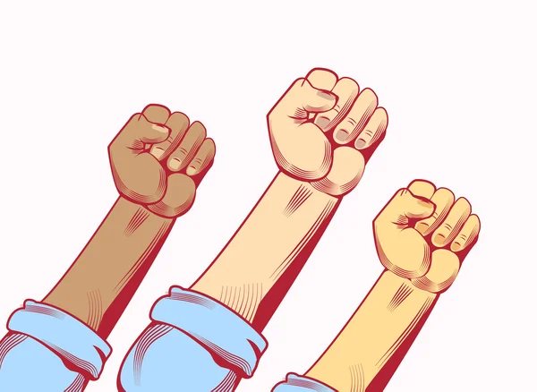 Poster to national labor day hands with fists raised — Stockvector