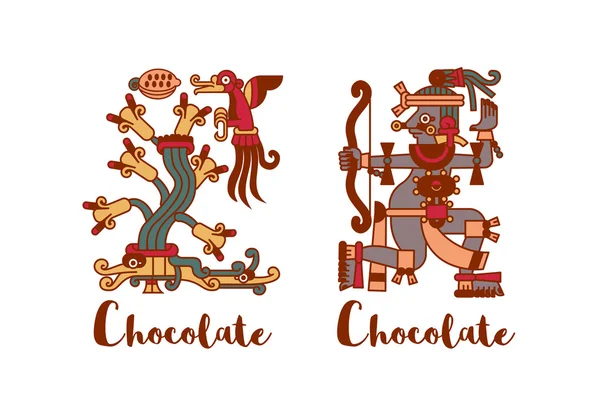 Croquis dessin aztec fève de cacao, feuilles, pointes, motif pour choco — Image vectorielle