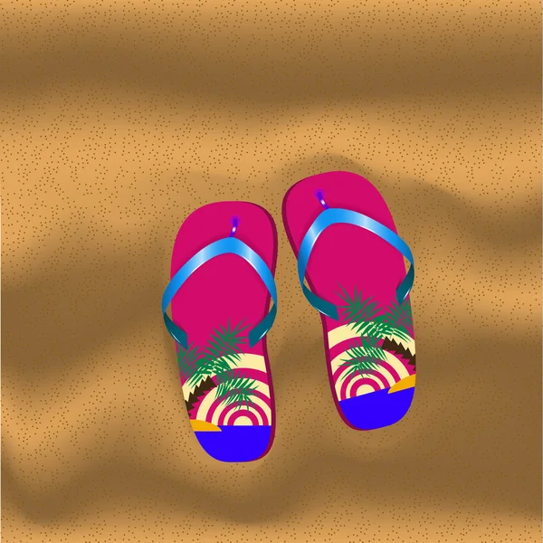 Pantofole con foto di palme e tramonto su una spiaggetta di sabbia — Vettoriale Stock