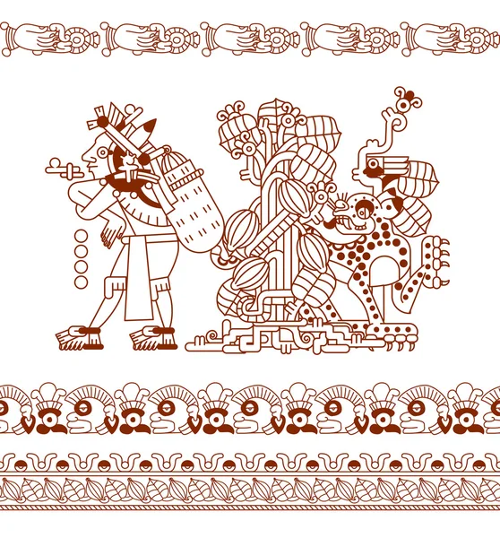 Croquis dessin aztec modèle cacao arbre, mayas, fèves de cacao et — Image vectorielle