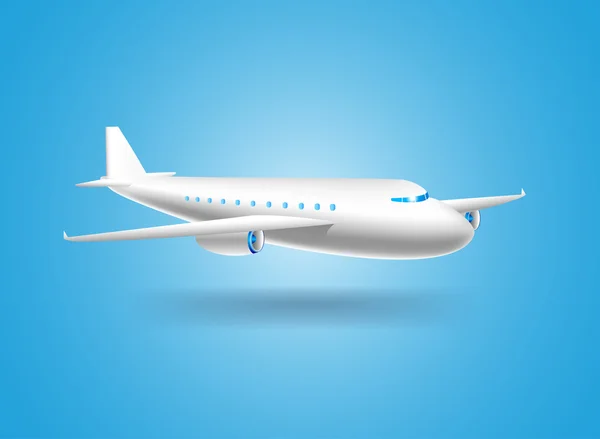 Cartel con avión de pasajeros blanco con sombra sobre fondo azul — Vector de stock