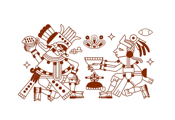 Рисунок ацтеков какао боб, листья, перья, рисунок для шоколада — стоковый вектор