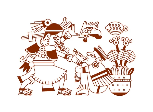 Schizzo disegno fagiolo di cacao azteco, foglie, pennini, modello per choco — Vettoriale Stock