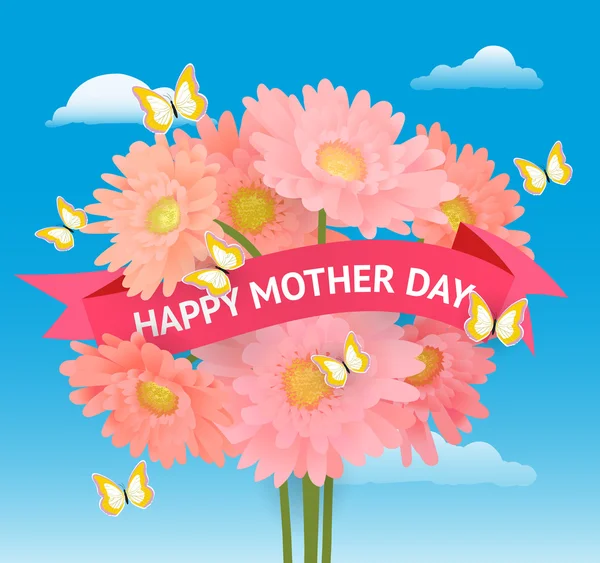 Z życzeniami na dzień matki z stylizowane kwiaty i wstążki wit — Wektor stockowy