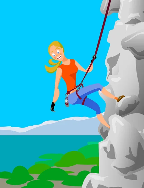 Climber blonde girl clings to the safety belts on a cliff on the — Stock Vector