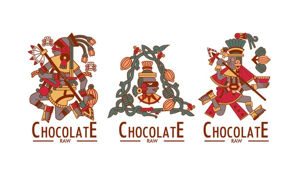 アステカ カカオ豆、葉、ペン先、チョコのパターンの図面をスケッチします。 — ストックベクタ