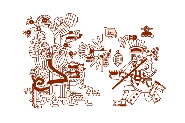 Desenho de esboço azteca cacau feijão, folhas, morcegos, padrão para choco — Vetor de Stock