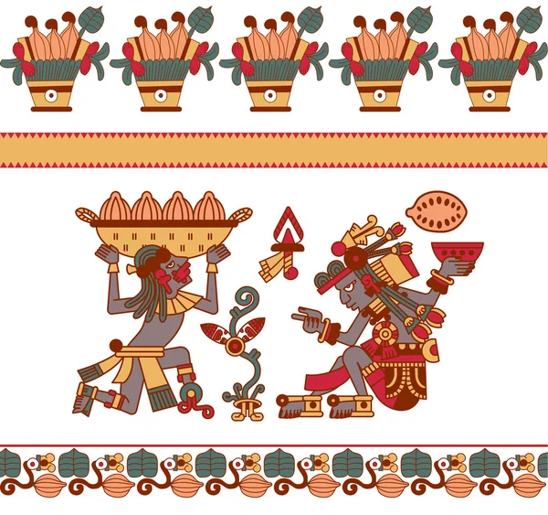 Sketsa menggambar aztec biji kakao, daun, nibs, pola choco - Stok Vektor