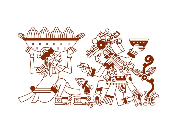 Рисунок ацтеков какао боб, листья, перья, рисунок для шоколада — стоковый вектор