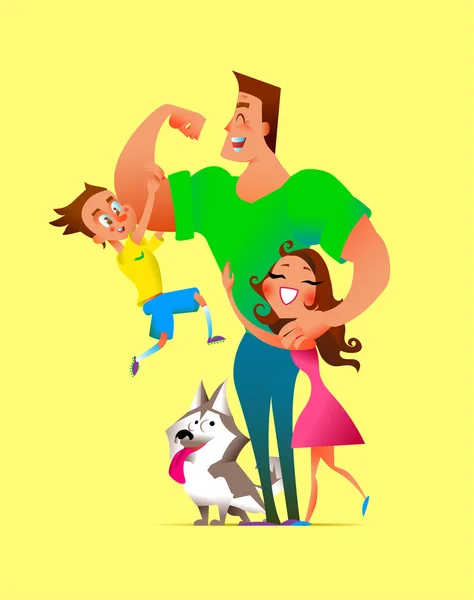 Affiche famille avec père, fils, fille et don sur un bac jaune — Image vectorielle