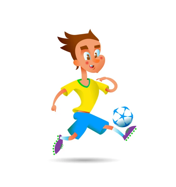 Fußball-Cartoon-Spieler Junge mit Ball auf weißem Hintergrund — Stockvektor