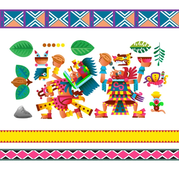 Колекція елементів ацтеків плоского стилю з какао-бобами, листям, стоїть — стоковий вектор
