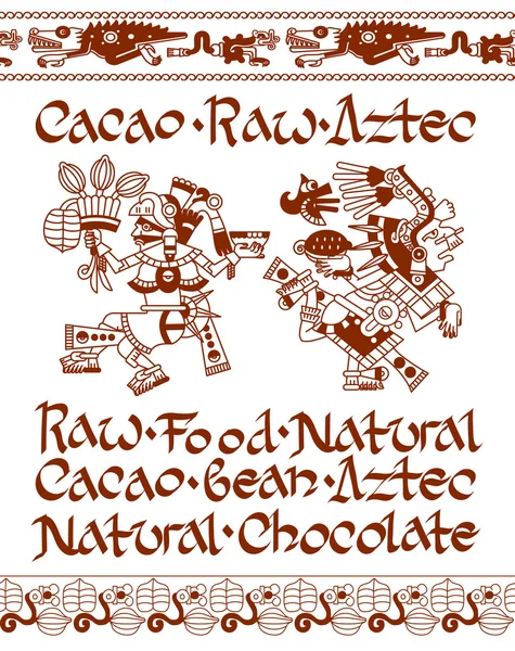 Boceto dibujo azteca grano de cacao, hojas, plumas, patrón para choc — Vector de stock