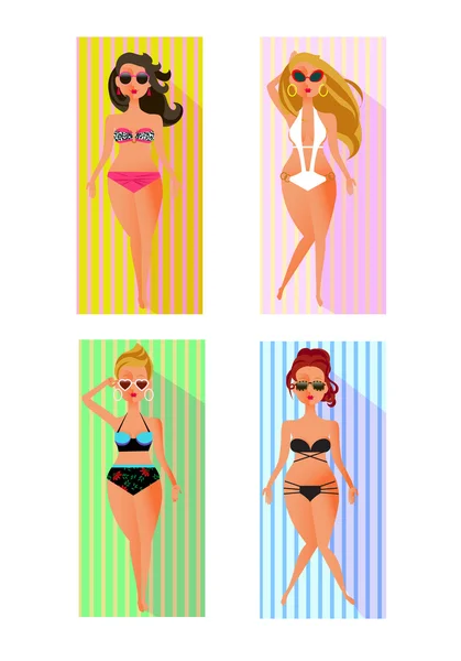 Die Strand-Blondine, brünette Mädchen liegen auf Handtüchern — Stockvektor