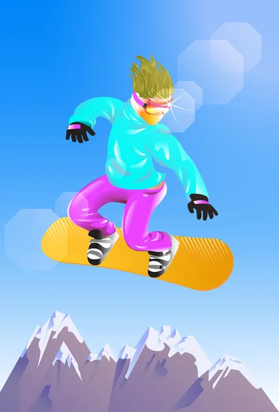 Az ember a dombon lefelé snowboard — Stock Vector