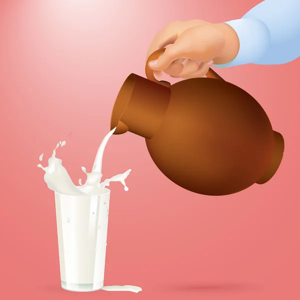 Main du pichet dans un verre de lait versé de haut en bas — Image vectorielle