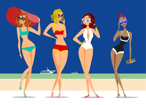 Conjunto con chicas en trajes de baño en una playa de arena — Vector de stock