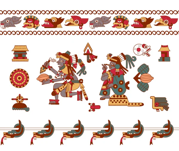 Desenho de esboço azteca cacau feijão, folhas, morcegos, padrão para choco — Vetor de Stock